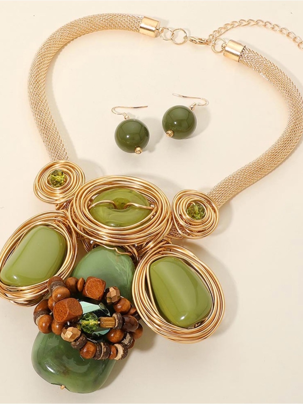 Gold-Tone Statement Necklace with Olive Green Stones and Matching Earrings